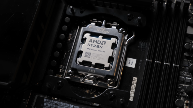 AMD Ryzen 7 9800X3D processor installed in an AM5 motherboard socket