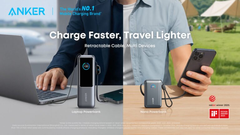 Anker Laptop Power Bank 25K 165W charging a laptop, shown at left beside the smaller Nano Power Bank