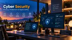 Cybersecurity and privacy workstation in The Tools and Tech navy and orange visual style