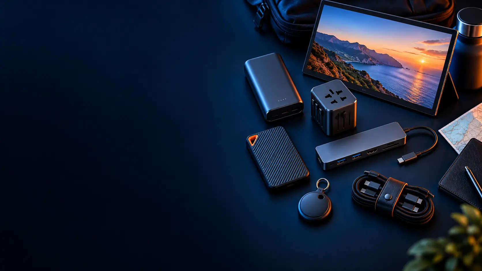 Gadgets, travel and power technology category illustration