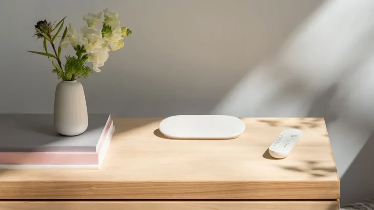 Google TV Streamer (4K) in Porcelain with its voice remote