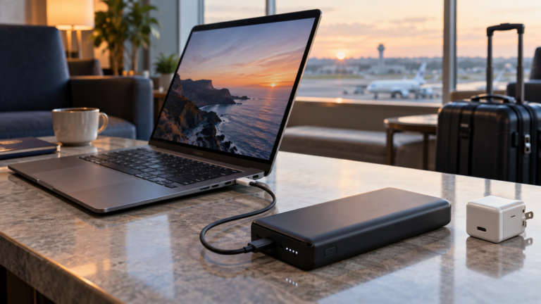 Laptop charging from a USB-C power bank on a travel workspace beside a compact charger