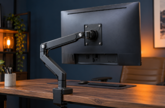 Monitor attached to an adjustable desk arm showing its VESA mounting plate and clamp