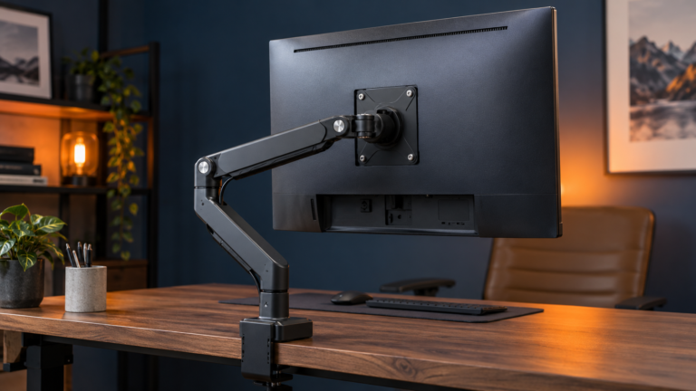 Monitor attached to an adjustable desk arm showing its VESA mounting plate and clamp