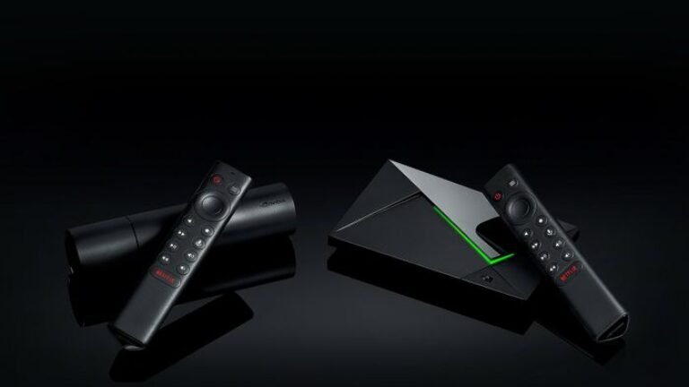 NVIDIA SHIELD TV Pro streaming media player and remote shown at right beside the SHIELD TV model