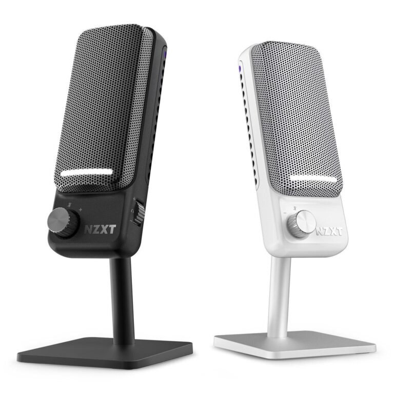 White NZXT Capsule Elite USB microphone on its desktop stand
