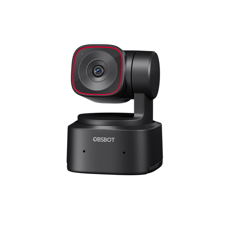 OBSBOT Tiny 2 Lite AI-tracking 4K webcam with its USB cable and adapter