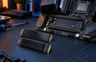 Two M.2 NVMe SSDs beside the M.2 slots of an open desktop PC motherboard