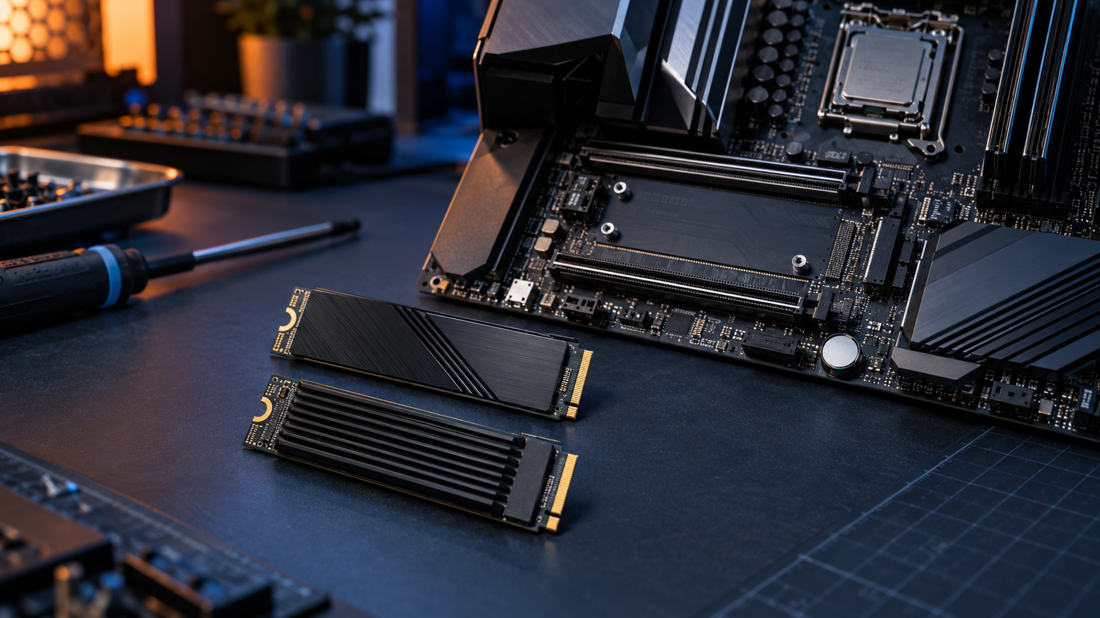 Two M.2 NVMe SSDs beside the M.2 slots of an open desktop PC motherboard