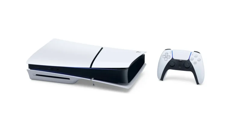 PlayStation 5 Console 1TB Disc model positioned horizontally with DualSense wireless controller