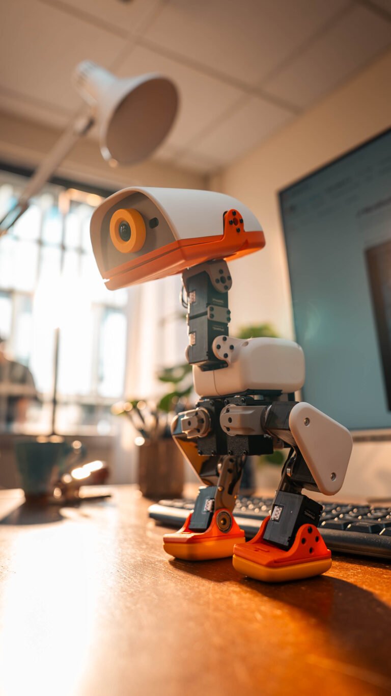 Pollen Robotics Microduck biped robot in a close-up launch photograph