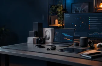 Technology launch monitoring desk with generic devices and data displays
