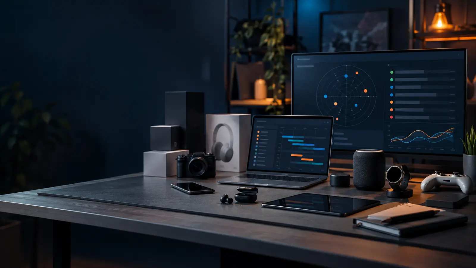 Technology launch monitoring desk with generic devices and data displays