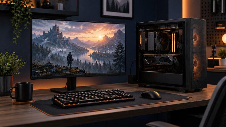 Editorial illustration of a balanced 1080p gaming PC setup with desktop tower, monitor, keyboard and mouse