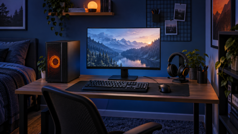Editorial illustration of an affordable 1080p gaming setup with compact PC, monitor and basic peripherals