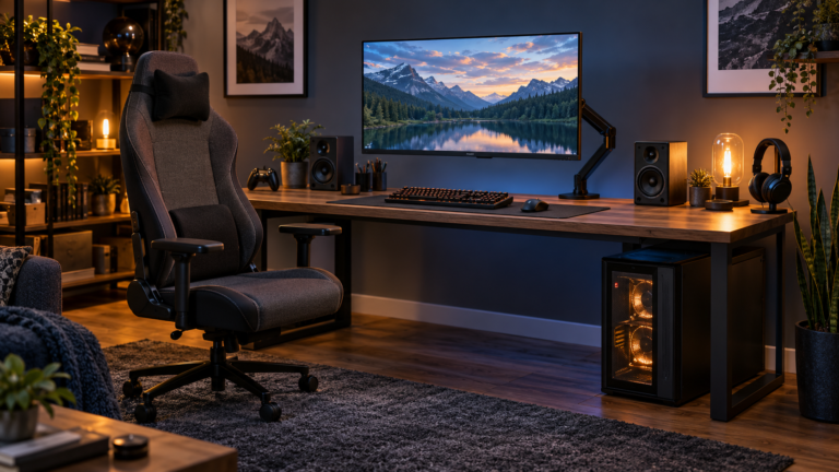 Editorial illustration of a balanced 1440p gaming setup with desktop PC, monitor arm, speakers and chair