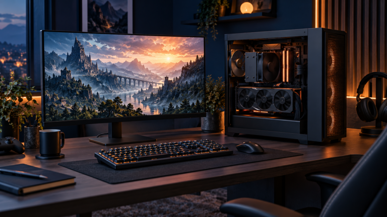 Editorial illustration of a balanced 1440p gaming PC with desktop tower and 27-inch monitor