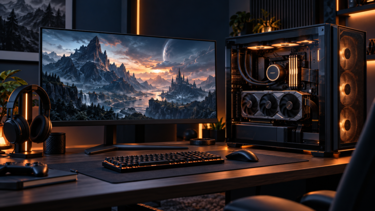 Editorial illustration of a premium 4K gaming PC setup with high-end desktop tower and 32-inch monitor