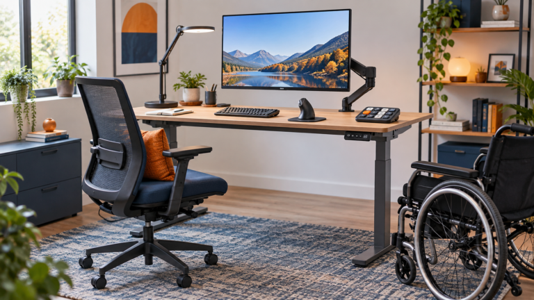 Editorial illustration of an accessible ergonomic desktop with adjustable desk, monitor arm and alternative input devices