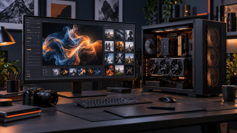 Editorial illustration of an AI image-generation workstation with large graphics card and creator monitor