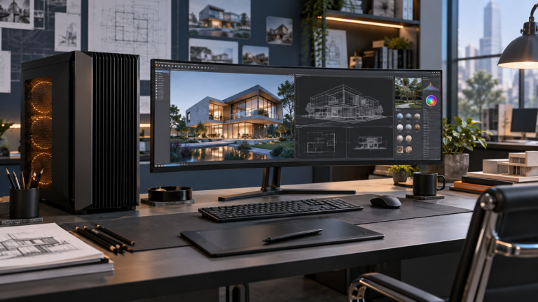 Editorial illustration of an architecture and rendering workstation with powerful desktop, ultrawide display and drawing tablet