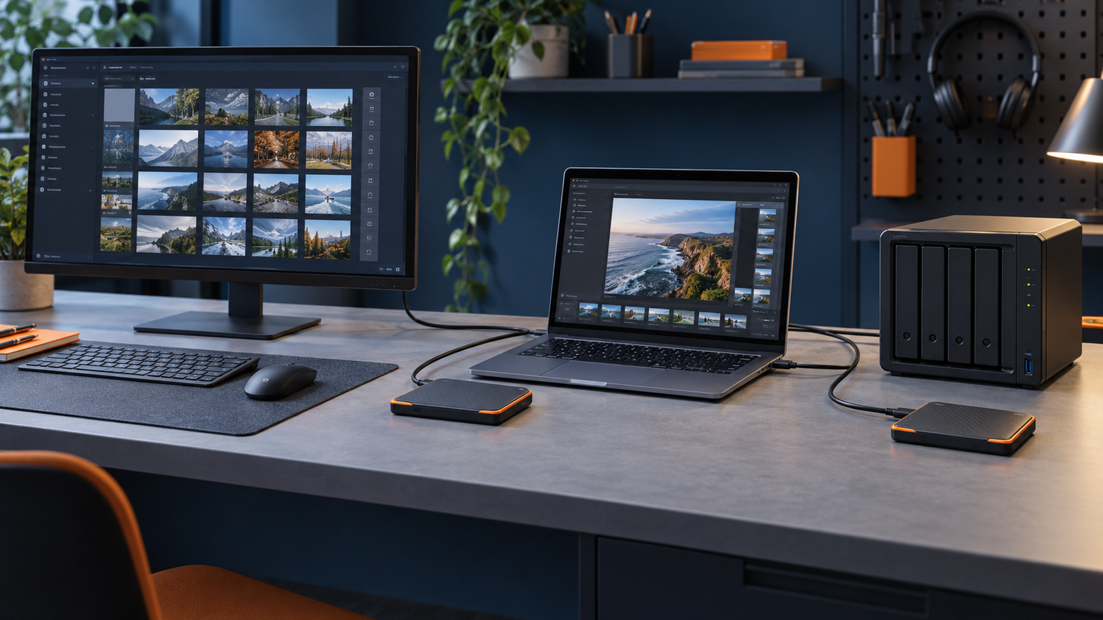 Editorial illustration of a backup and cloning workflow using a desktop, laptop, external SSDs and NAS