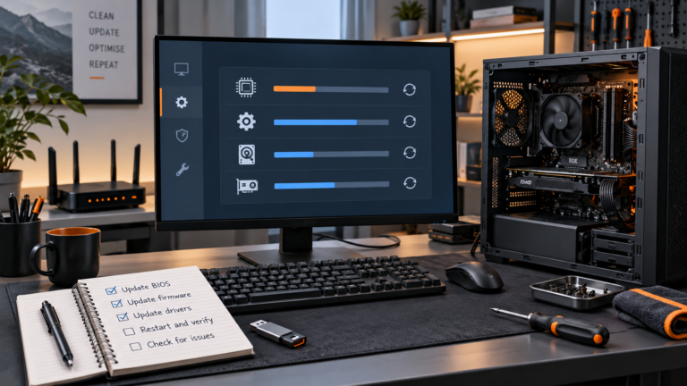 Editorial illustration of a careful PC update workflow with open desktop, monitor, USB drive and checklist