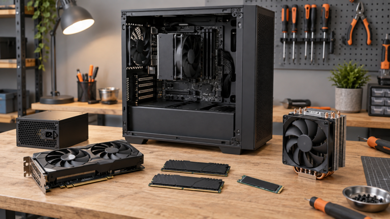 Editorial illustration of a budget gaming PC build with open case and essential unbranded components