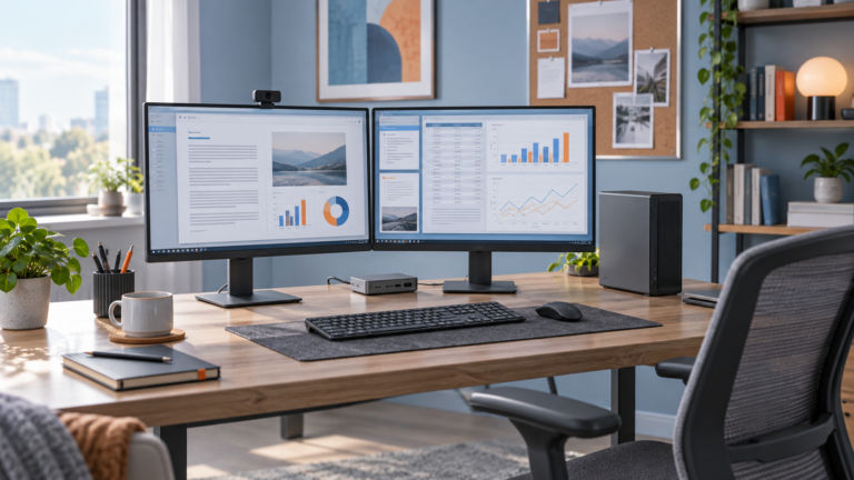 Editorial illustration of a quiet business PC workspace with compact desktop, dual monitors and USB-C dock