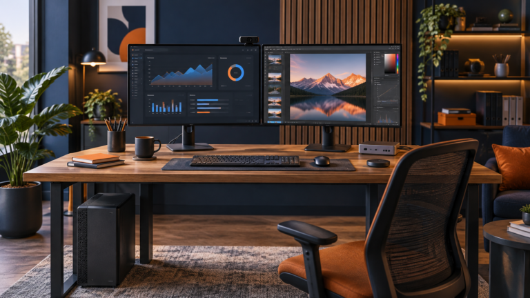 Editorial illustration of a professional business workstation with powerful desktop, dual monitors, dock and backup drive