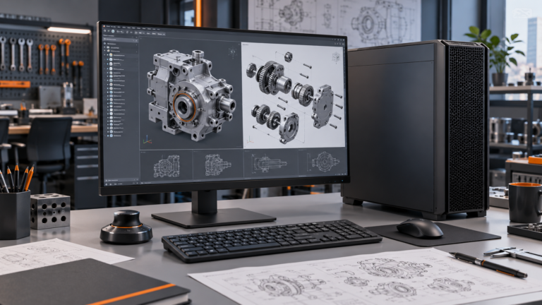 Editorial illustration of a CAD and 3D workstation with desktop tower, engineering monitor and 3D navigation controller