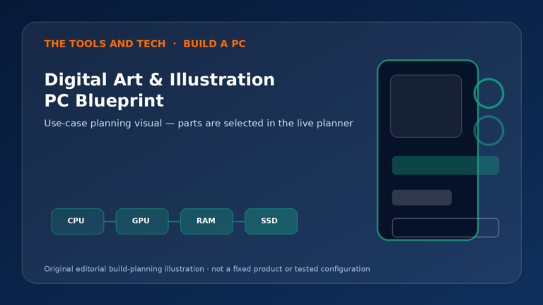 Editorial build-planning illustration for Digital Art & Illustration PC Blueprint