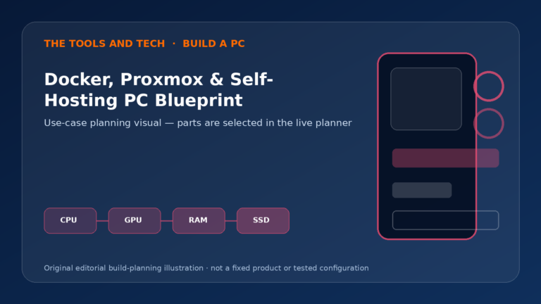Editorial build-planning illustration for Docker, Proxmox & Self-Hosting PC Blueprint