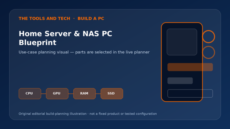 Editorial build-planning illustration for Home Server & NAS PC Blueprint