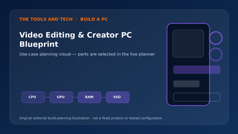 Editorial build-planning illustration for Video Editing & Creator PC Blueprint