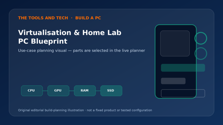 Editorial build-planning illustration for Virtualisation & Home Lab PC Blueprint