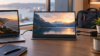 Portable monitor connected to a laptop with USB-C beside a separate HDMI cable and power lead