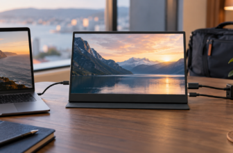 Portable monitor connected to a laptop with USB-C beside a separate HDMI cable and power lead