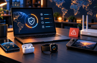 Laptop, router, phone, earbuds, smartwatch and gaming handheld representing worldwide technology security and product updates