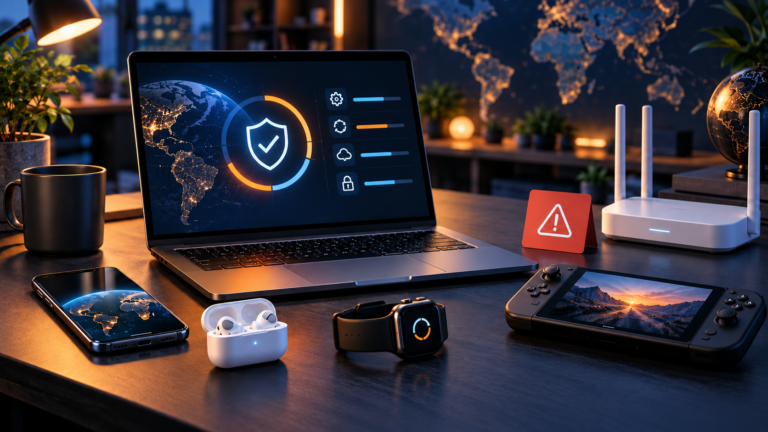 Laptop, router, phone, earbuds, smartwatch and gaming handheld representing worldwide technology security and product updates