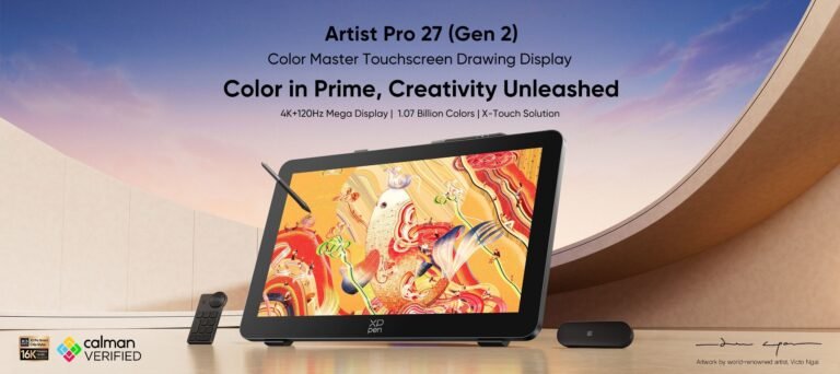 XPPen Artist Pro 27 Gen 2 drawing display with stylus and shortcut remote