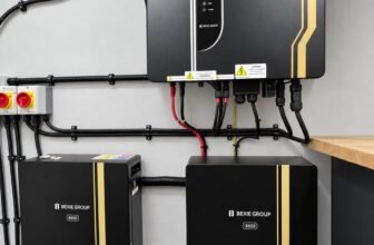 Edited installation image showing a BEXIE GROUP wall-mounted inverter above two black and gold PRO battery cabinets