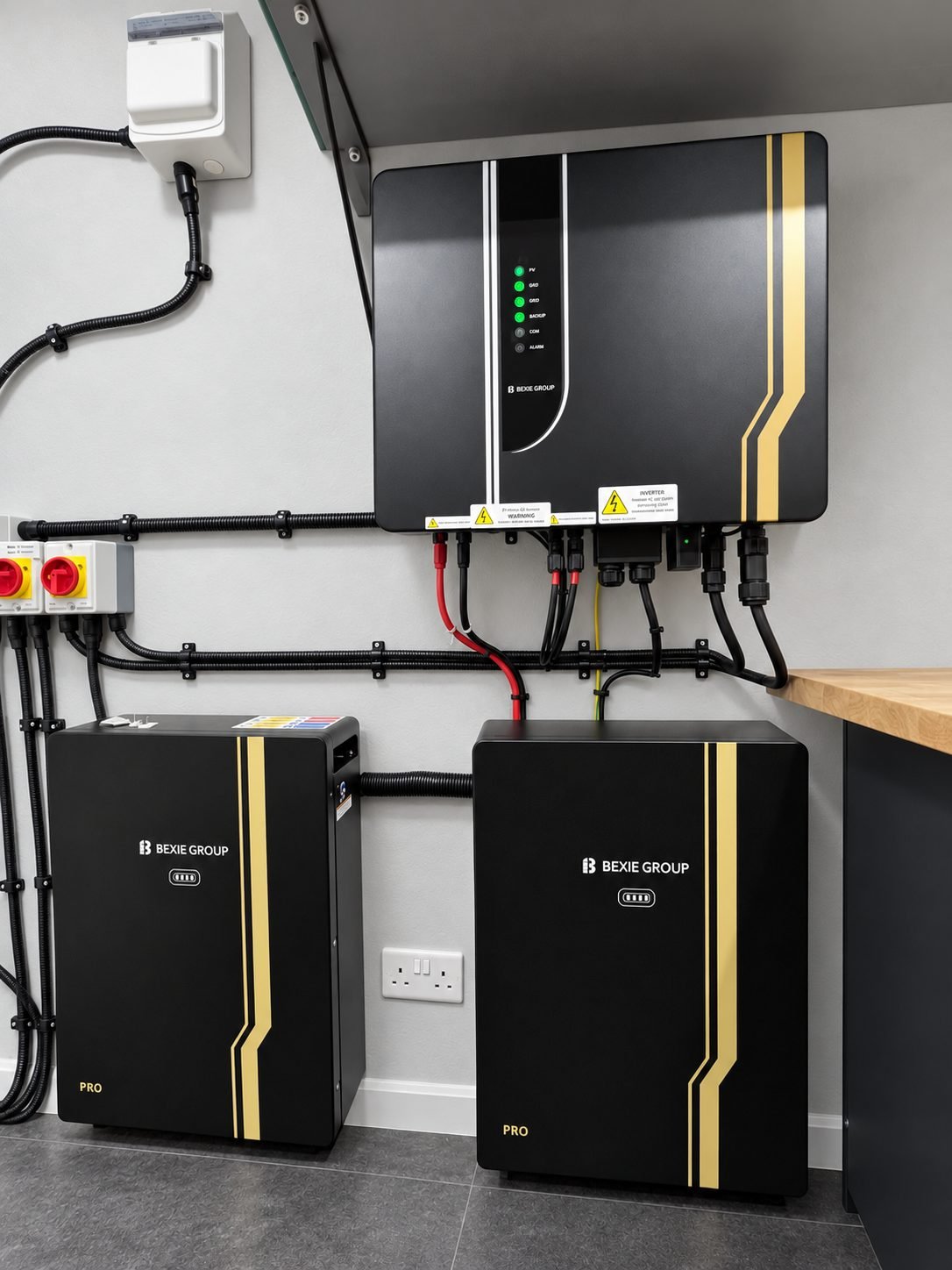 Edited installation image showing a BEXIE GROUP wall-mounted inverter above two black and gold PRO battery cabinets