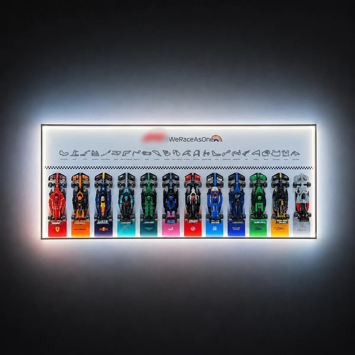 BrickZoneHub white F1 twelve-car display frame; LEGO cars pictured are not included