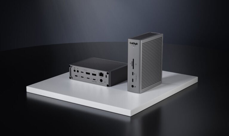 CalDigit TS5 Thunderbolt 5 dock shown with connected desktop accessories