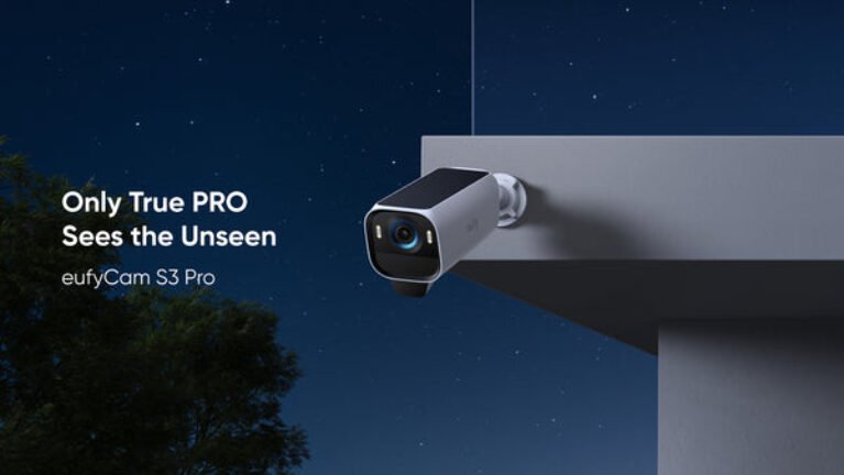 eufyCam S3 Pro wireless security camera shown outdoors at night