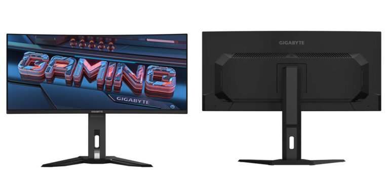 Gigabyte MO34WQC2 34-inch curved QD-OLED gaming monitor shown from the front and rear