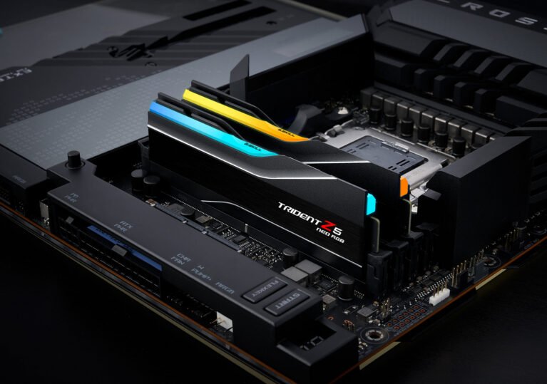 G.Skill Trident Z5 Neo RGB DDR5 memory modules in black with illuminated RGB light bars