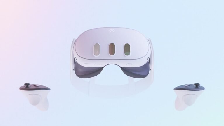 Meta Quest 3 mixed-reality headset with two Touch Plus controllers