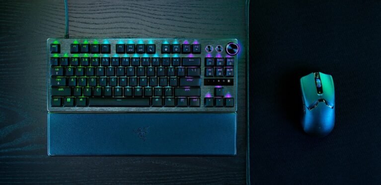 Razer Huntsman V3 Pro TKL gaming keyboard with wrist rest shown from above